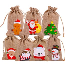 Christmas Gift Candy Bags Party Event Linen Burlap Bag Drawstring Jewelry Box Cartoon Christmas Jute Draw Pocket