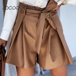 Jocoo Jolee Women Vintage High Waist PU leather Shorts Elegant Harajuku Spring Autumn Sashes Wide Leg Short Pants Office Lady 210619