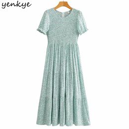 Sweet Women Vintage Floral Print Holiday Summer Dress O Neck Short Sleeve Vestido Mujer Cotton Pleated Long 210430