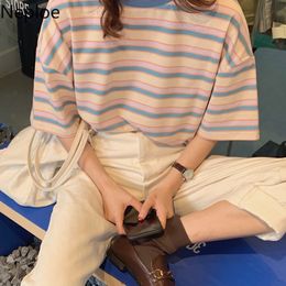 Neploe Woman Tshirts Summer Rainbow Striped Shirt O-neck Short Sleeve Loose Tees Korean Fashion Casual Tops Female 94824 210422