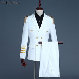 White Double Breasted Tassel Epaulet 2 Piece Suit Men Mens Party Prom Captain Show Military Style Suits Costume Homme 210522
