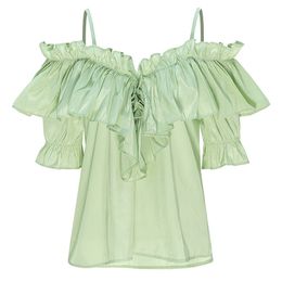 Light Green Flare Half Sleeve Slash Neck Strapless Chiffon Elegant Blouse Shirt Women Summer B0627 210514