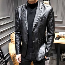 Faux Leather Men Blazer Slim Fit Casual Long Sleeve Dress Black Khaki Male Suit Coat Mens Jacket Masculino 210527