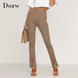 Women Fashion Stretch Pencil Pants High Waist Chic Split Trousers Solid Casual Long Bottoms Pantalones Mujer 210515