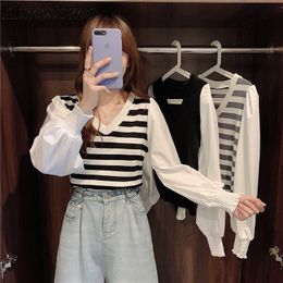 Kimutomo Elegant Patchwork Puff Long Sleeve Blouse Women V-neck Striped Short Shirt Spring Korean Casual Fashion 210521