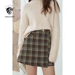 FANSILANEN Wool Blend Plaid Sexy Mini Skirt Women Elegant Autumn Winter A-line Skirt High Waist Vintage Short Asymmetrical Skirt 211120