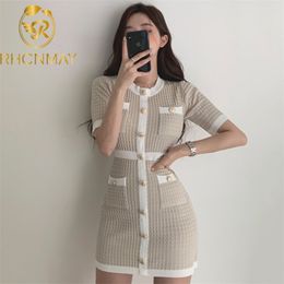 Summer Girls Fashion Sheath Short Sleeve Buttons Thin Dresses Tops Ladies Mini Patchwork Elastic Sweater Dress 210506