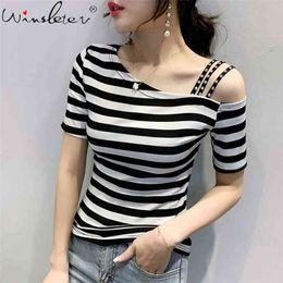 Womens Tops Fashion Shoulder Straps Sexy Off Shoulder Summer Short Sleeve Striped Ladies T Shirt Cotton T03703B 210324