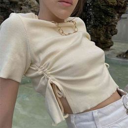 Casual Solid Ribbed Side Drawstring Split Summer Y2k Crop Top T Shirt Women Chic Short Sleeve Ruched Female Basic Tee 210510