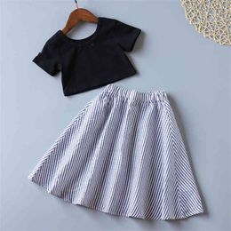 Summer Kids Clothes For Girls 2Pcs Black Short T-Shirt+Stripe Skirts Children Clothing Sets 210528