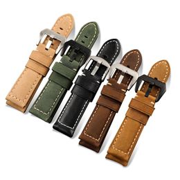 26mm strap UK - Watch Bands PSTARY Vintage Genuine Leather Strap 22mm 24MM 26MM Black Brown Green Khaki For PAM 111