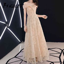 Elegant Off the Shoulder Party Maxi Dress Women Sexy apricot Growns Evening Fit and Flare Long Dresses Formal Vestidos De Festa 210520