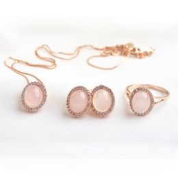 Earrings & Necklace Ociki Rose Gold Color Pink Opal CZ Crystal And Ring Jewelry Set For Women Girls Gift Drop Wholesale