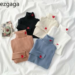 Ezgaga Love Embroidery Turtleneck Basic Sweater Pullover Women Fashion Slim Sweet Girl Tops Korean Chic Female Autumn Jumper 210430