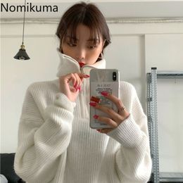 Nomikuma Knitted Sweaters Jumpers Solid Colour Turtleneck Zipper Long Sleeve Pullover Casual Fashion Loose Tops Autumn Outerwear 210514