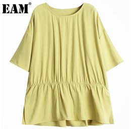[EAM] Women Multicolor Pleated Big Size Yellow T-shirt Round Neck Three-quarter Sleeve Fashion Spring Summer 1DD7951 21512