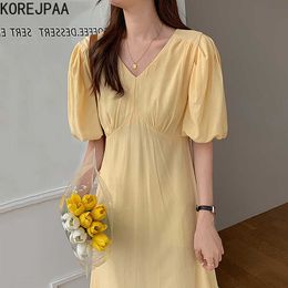 Korejpaa Women Dress Summer Korea Elegant Gentle Solid Color V Collar Wrinkle High Waist Loose Lantern Sleeve Long Vestido 210526