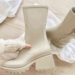 luxury Brand Women Ankle Boots Square Toe PVC Rainboots For Women Chunky Heel Rubber Chelsea Boot Ladies Thick Bottom Rain Shoes Y1209