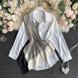 New Women Blouse White Collar Ladies Irregular Stitching Color Contrast Long Sleeves Urban Shirt Female Casual Long Tops 210317