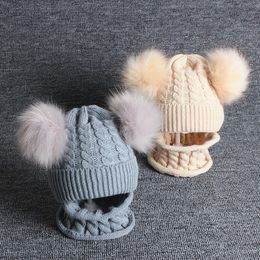 Caps & Hats 2Pcs Baby Hat Scarf Set Autumn Winter Born Girl Boy Beanie Cap Double Pompom Knitted Infant Toddler Solid Colour Bonnet