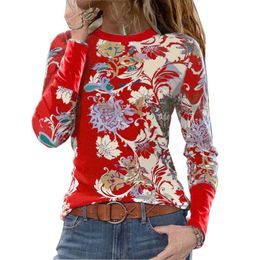 Plus Size 5XL Ladies Tops Casual O-Neck Long Sleeve T Shirt Women Floral Print Loose Pullover Tees Femme Spring Clothes 210526
