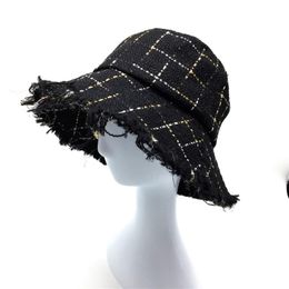 Women Plaid Tweed Bucket Hat With Gold And Silver Lurex Ladies Girls Black Cheques Hats Raw Edges Female Warm Winter Wide Brim