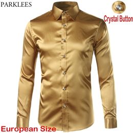 Men's Gold Shiny Satin Silk Like Dress Shirts Smooth Casual Dance Party Long Sleeve Wrinkle Free Tuxedo Shirt Men Chemise 210522
