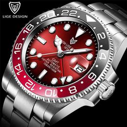 LIGE DESIGN Men GMT Automatic Mechanical Watch Ceramic Bezel 316L Stainless Steel 100ATM Waterproof Clock Sapphire Glass Watches 210329