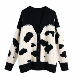 Spring Women Animal Pattern V Neck Knitting Sweater Female Long Sleeve Pullover Casual Lady Loose Tops SW1189 210430