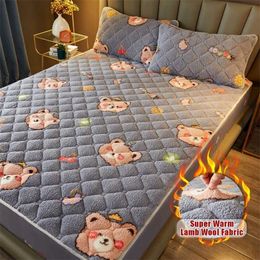 Winter Warm Fitted Sheet Funny Cartoon Printed Thicken Cashmere Fleece Mattress Cover Single Double King Queen Size Bed 211110