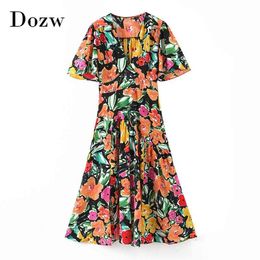 Vintage A Line Printed Dress Women Short Sleeve Fashion Colourful Summer Ladies V Neck Casual Midi es Vestidos 210515