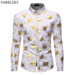 Men's Gold Flowered Luxury Design Slim Fit Long Sleeve Button Down Stylish Dress Shirts Nightclub Party Wedding Chemsie Homme 210522