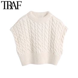 Women Fashion Loose Cable-knit Cropped Vest Sweater Vintage O Neck Sleeveless Female Waistcoat Chic Tops 210507