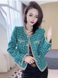 New fashion women's luxury design green plaid pattern paillette shinny bling tweed woolen short jacket cotton-padded coat SMLXL