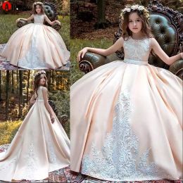 NEW! New Arrival Ball Gown Girls Pageant Dresses Lace Applique Jewel Neck Dresses Jewel Neck Kids Prom Dresses Birthday Party Gowns Vestidos