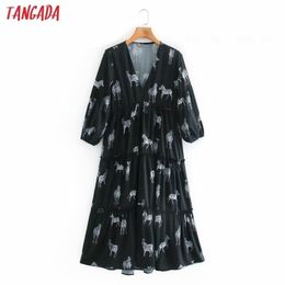 Tangada fashion women animal print shirt dress new arrival ladies v neck midi dress vestidos XN32 210325