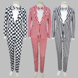 Men Sets Bebes Black White Plaid Coat Pants Bow Tie 3pcs Male Singer Suit Clown Costume Magic Stage Show Theme Striped 4XL Suit X0909