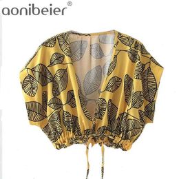 Leaf Print Summer Fashion Women Blouses Deep V Neck Batwing Sleeve Drawstring Tie Hem Casual Beach Crop Tops Female 210604