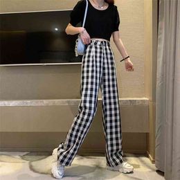 Fashion Plaid Pants Women Casual Chic Loose Wide Leg Trousers Retro Teens Harajuku Hip-hop All-match Unisex Streetwear 210507