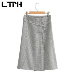 Wrap-up single breasted High Waist plaid skirt women fashion lace-up casual all-match A-line skirts summer 210427