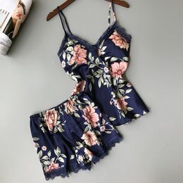 Sexy Print Pyjamas For Women Sling Top AND Shorts Lace Patchwork Women's Pyjamas Set Summer Sleepwear Ladies Home Clothes 210320