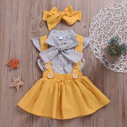 Summer Baby Girl Clothes Set Polka Dot Flying Sleeve Top + Sling Dress Headband 3Pcs Toddler Children's 210515