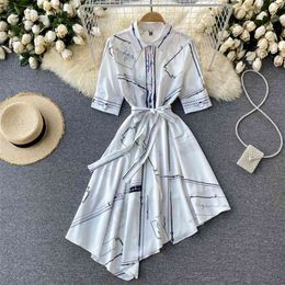 Women Fashion Summer Short Sleeve Lace Up Waist A-line Dress Printed Irregular Harajuku Clothes Vestidos De Mujer S832 210527