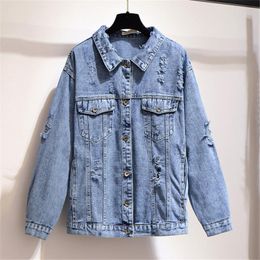 Women's Jackets Large Size 6XL Vintage Women Jacket 2022 Autumn Winter Oversize Denim Washed Blue Jeans Coat Outwear Bomber R1082