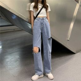 Light Blue Denim Trousers Retro Wide-leg pants women's Ripped Trousers High Waist Casual Jeans Women 210616