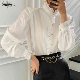 White Long Sleeve Blouse Women Office Lady Single Breasted Stand Collar Shirts Solid Button Cardigan Ladies Tops 12489 210508