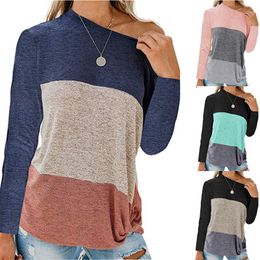 Oufisun Autumn Winter Womens T-shirt O-neck Long Sleeve Patchwork Loose Knotted Off Shoulder Tops Casual T-shirts 210517