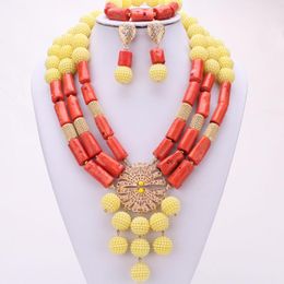 coral store Canada - Earrings & Necklace Dudo Store Nature Coral Beads For African Weddings Nigeria Women With Artifical Pearls Yellow Balls Jewelry Set