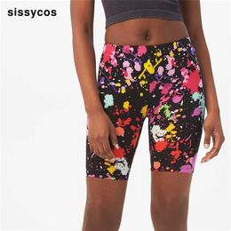 Tie Dye Printed Biker Short Leggings for Women Artistic Splash Summer Fitness Elastic Brushed Buttery Soft Workout Push Up Pants 211204