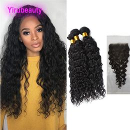 Peruvian Human Hair Extensions 3 Bundles With 5x5 Lace Closure Water Wave 4PCS Natural Colour Curly